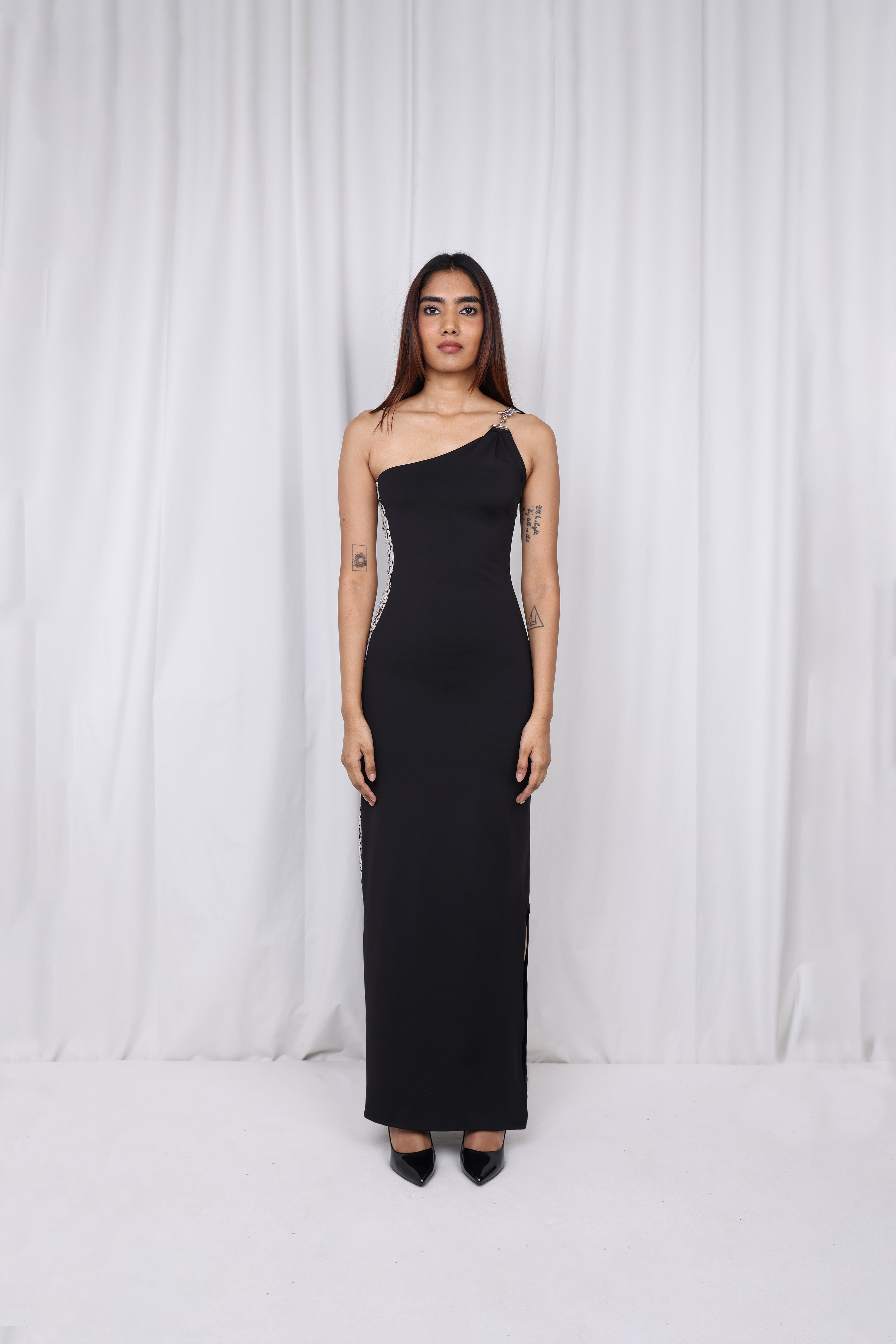 JENTY ASYMMETRICAL TWO-MATERIAL MAXI DRESS